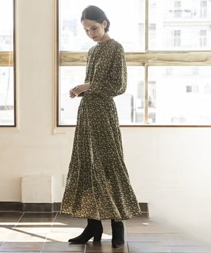 花柄ティアードワンピース レディース 春秋冬 長袖 マキシ丈 S M L