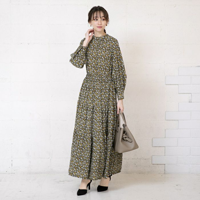 花柄ティアードワンピース レディース 春秋冬 長袖 マキシ丈 S M L