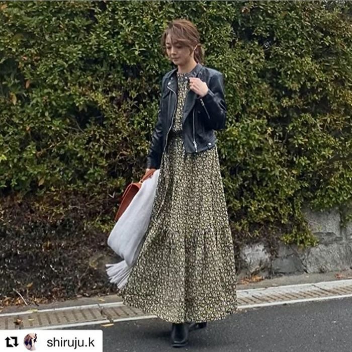 花柄ティアードワンピース レディース 春秋冬 長袖 マキシ丈 S M L