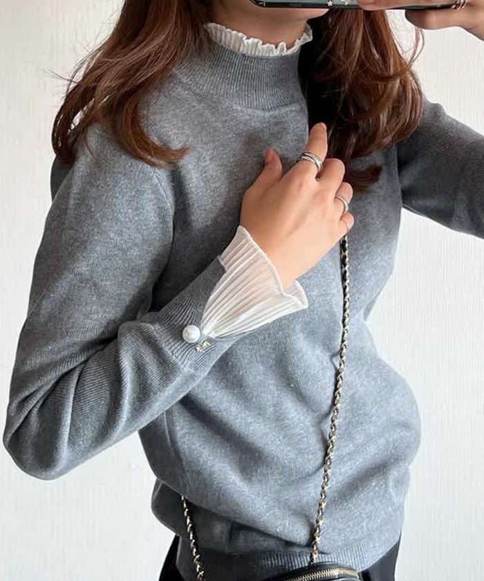 袖・襟シフォンプリーツニットトップス レディース 春 秋 冬 M L LL