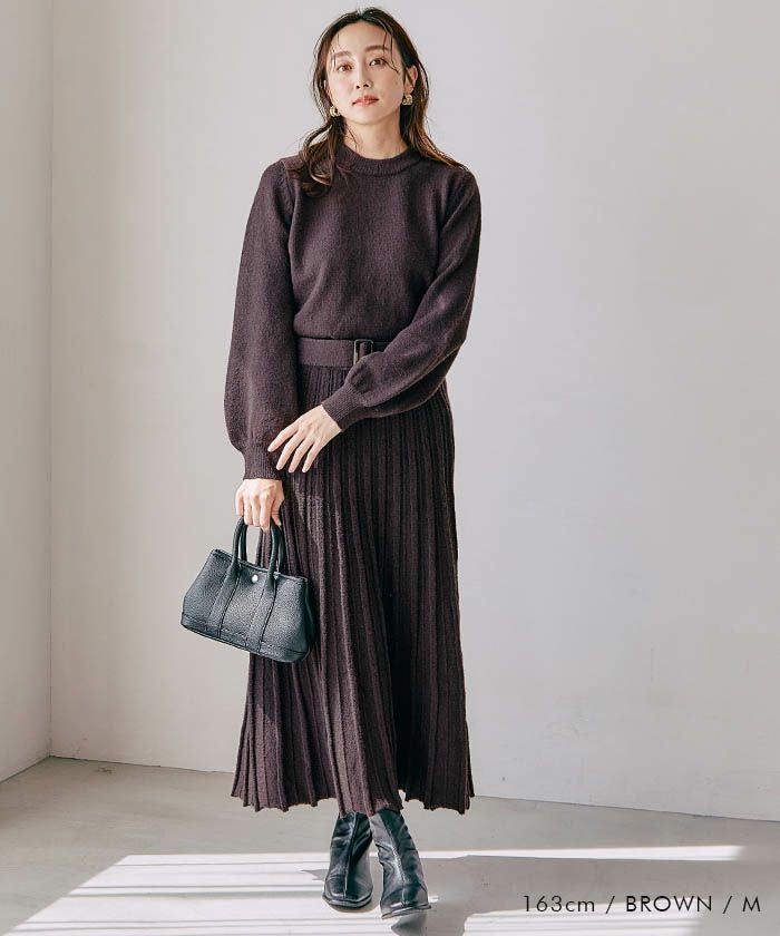 ベルト付きニットセットアップ レディース 秋 冬 長袖 3点セット