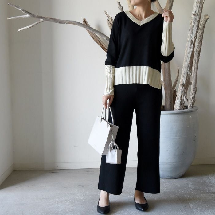 バイカラーニットアップ レディース 秋 冬 長袖 ニットセットアップ