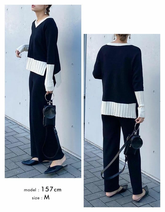 バイカラーニットアップ レディース 秋 冬 長袖 ニットセットアップ