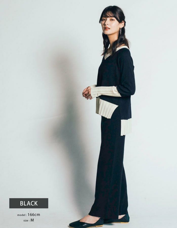 バイカラーニットアップ レディース 秋 冬 長袖 ニットセットアップ