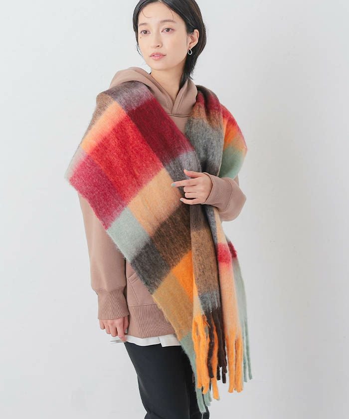 太フリンジチェック柄マフラー レディース ストール | アクアガレージ