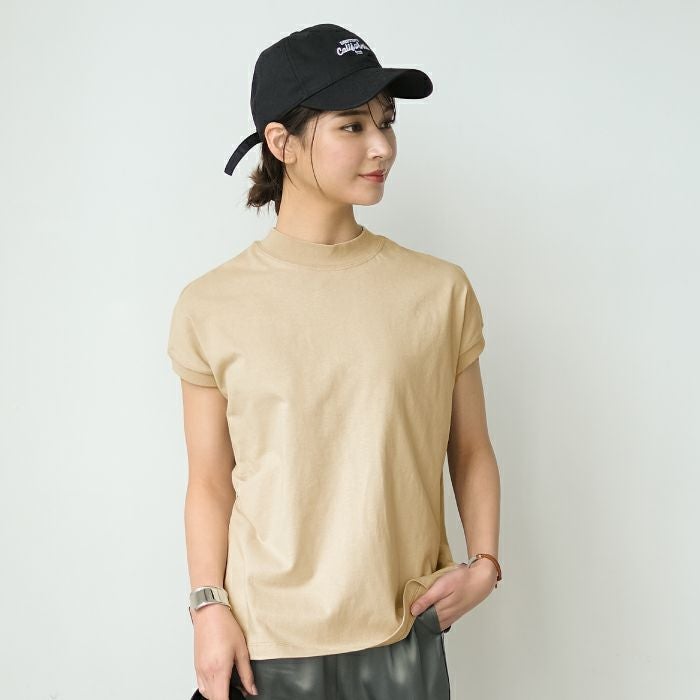 モックネックTシャツ レディース 春 夏 半袖 フレンチスリーブ M L T