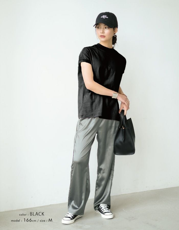 モックネックTシャツ レディース 春 夏 半袖 フレンチスリーブ M L T