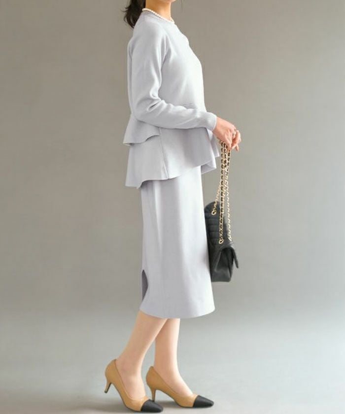 ペプラムニットセットアップ レディース 春 秋 長袖 M L | アクア