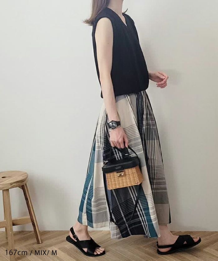 チェック柄ウエストタックフレアスカート レディース 春 秋 夏 M L