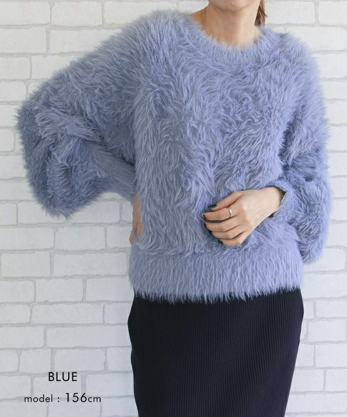 シャギーニットラウンドネックトップス レディース 春 秋 冬 | アクア