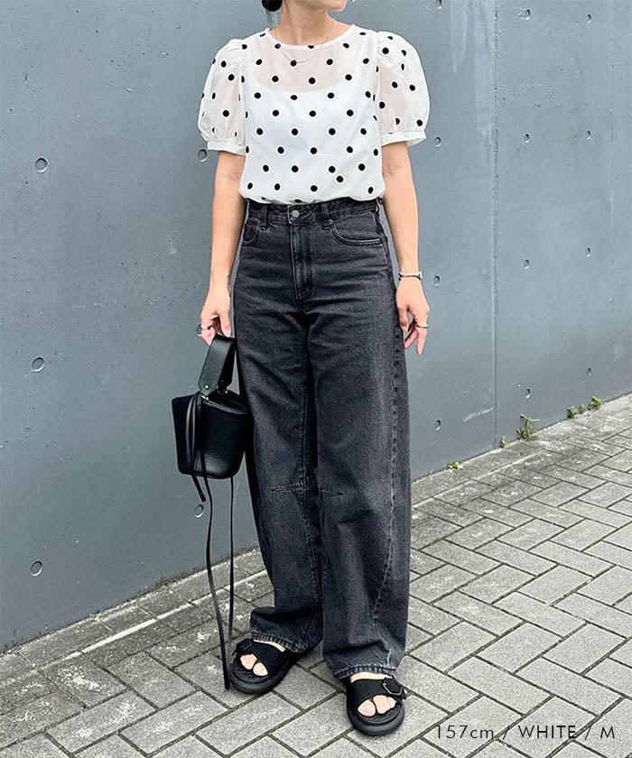ドット柄シアーブラウス レディース|パフスリーブで華奢見え&今っぽ ドット柄シアーブラウス レディース|パフスリーブで華奢見え&今っぽ