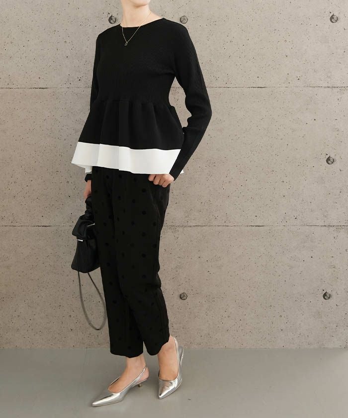 配色スポンジニットペプラムトップス 春 秋 冬 M レディース