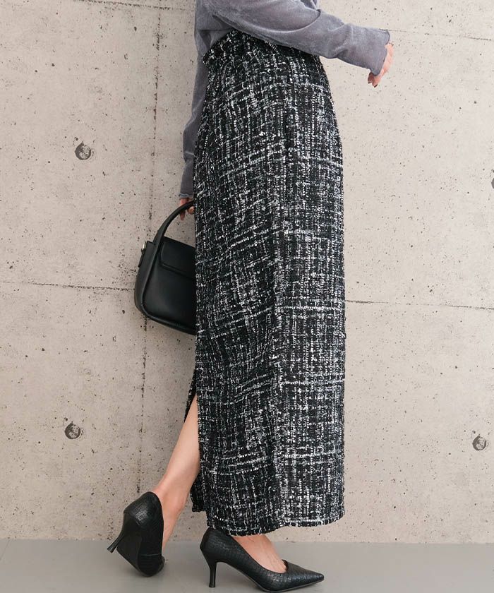 セットアップ可】ツイードハイウエストタイトスカート 春 秋 冬 M