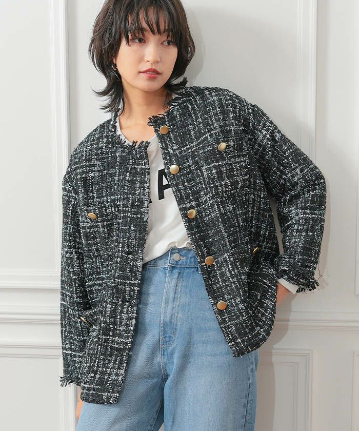 セットアップ可】ツイードフリンジノーカラージャケット 春 秋 冬 M