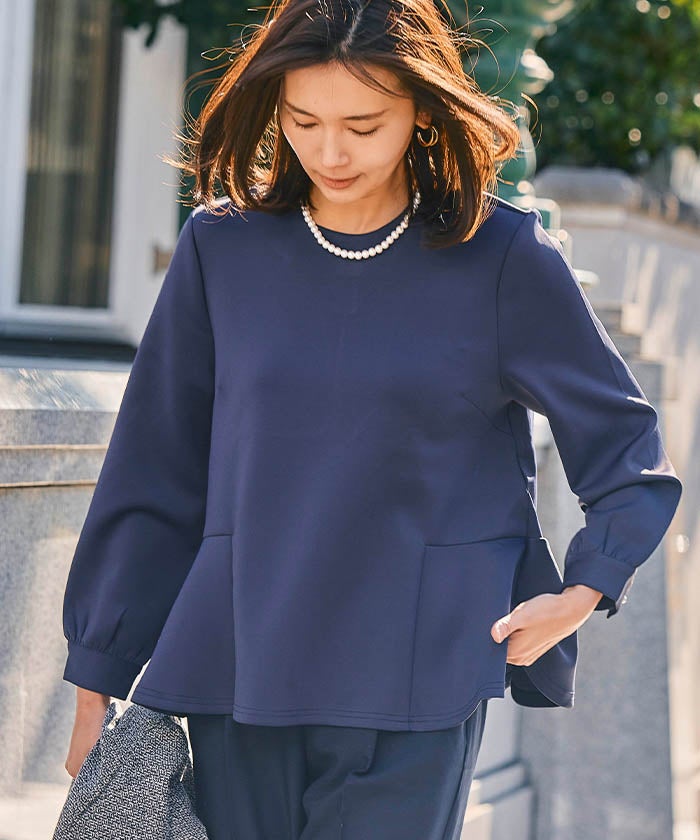 袖パール付きペプラムトップス 長袖 レディース ≪ゆうメール便配送30