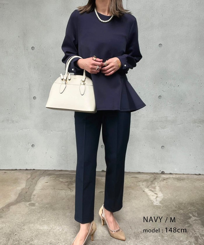 袖パール付きペプラムトップス 長袖 レディース ≪ゆうメール便配送30