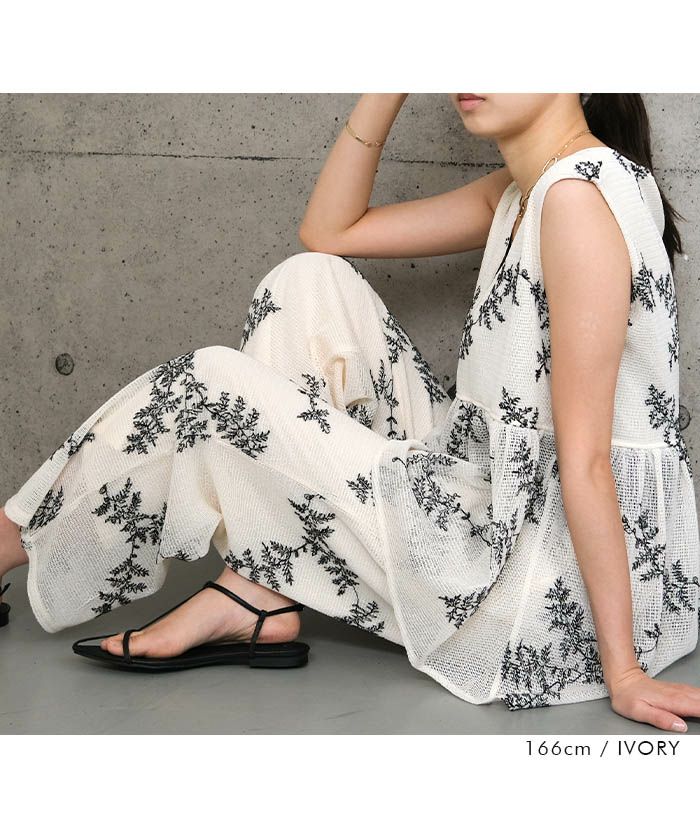 セットアップ可】花柄刺繍メッシュノースリーブトップス 春 夏 秋 M