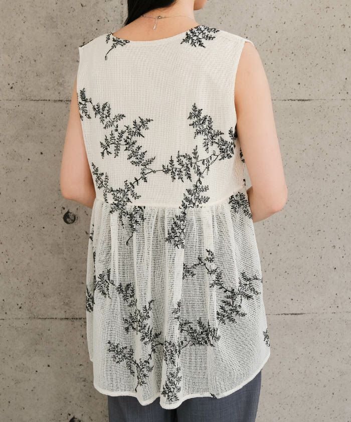 セットアップ可】花柄刺繍メッシュノースリーブトップス 春 夏 秋 M