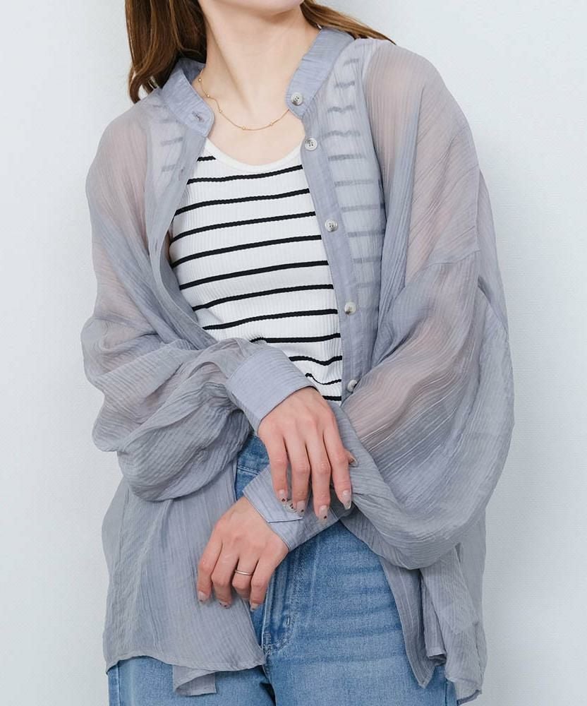 UVカットバンドカラーシアーシャツ レディース 春 秋 M ≪ゆうメール便