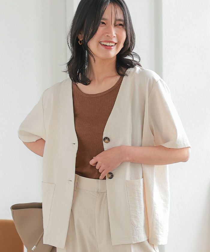 ノーカラー半袖ジャケット 春 夏 秋 M | ≪ゆうメール便配送20・代引