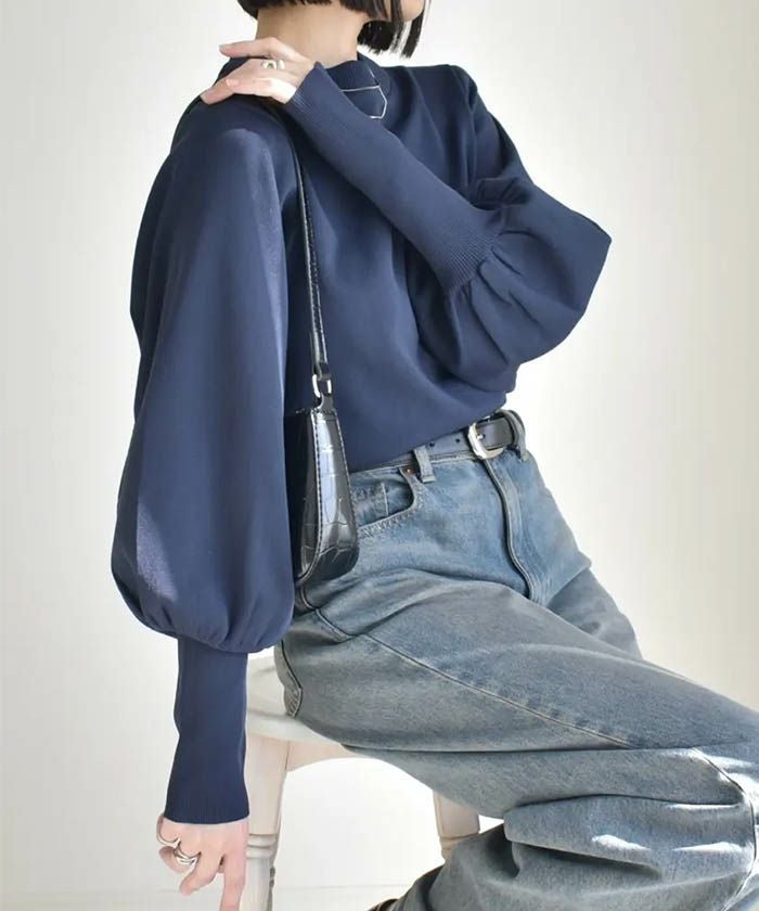 2016AW 袖ボリュームニット♡ ロングリブボリューム袖ニットトップス 春 秋 冬 M レディース≪ゆう