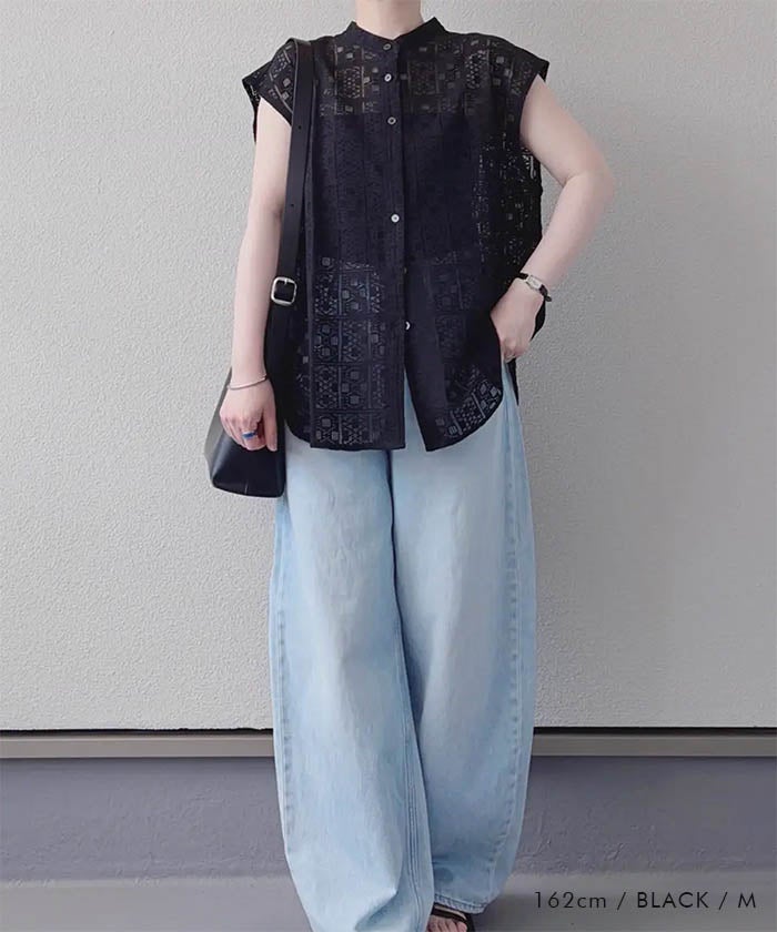 レースフレンチスリーブシャツ レディース 春 夏 M L | ≪ゆうメール便